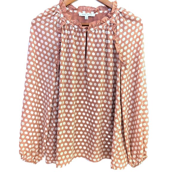 Rose + Olive | Pink Long Sleeve Ruffle Collar Polka Dot Blouse | Size Small - Picture 8 of 13